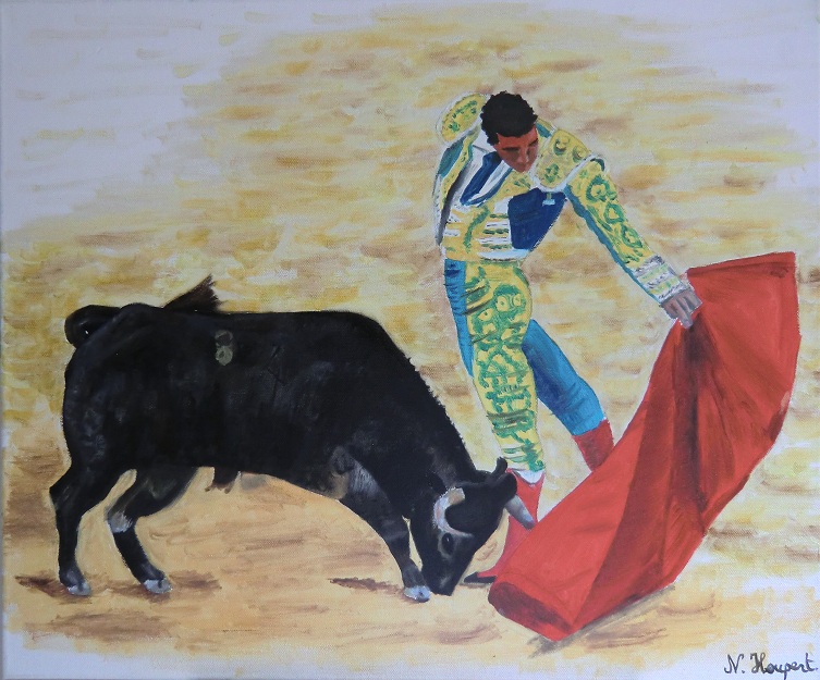 Peinture  l'huile d'un taureau et toreador